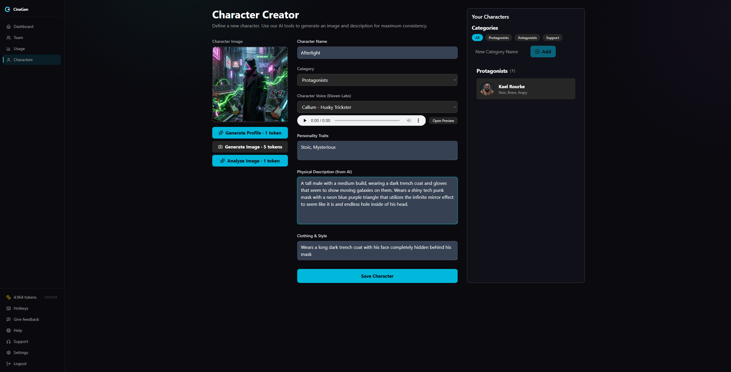 The Character Creator with AI profile generation and a categorized character library